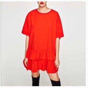 ZARA Oversized Mini Shirt Dress Ruffle Short Sleeve  Size XS